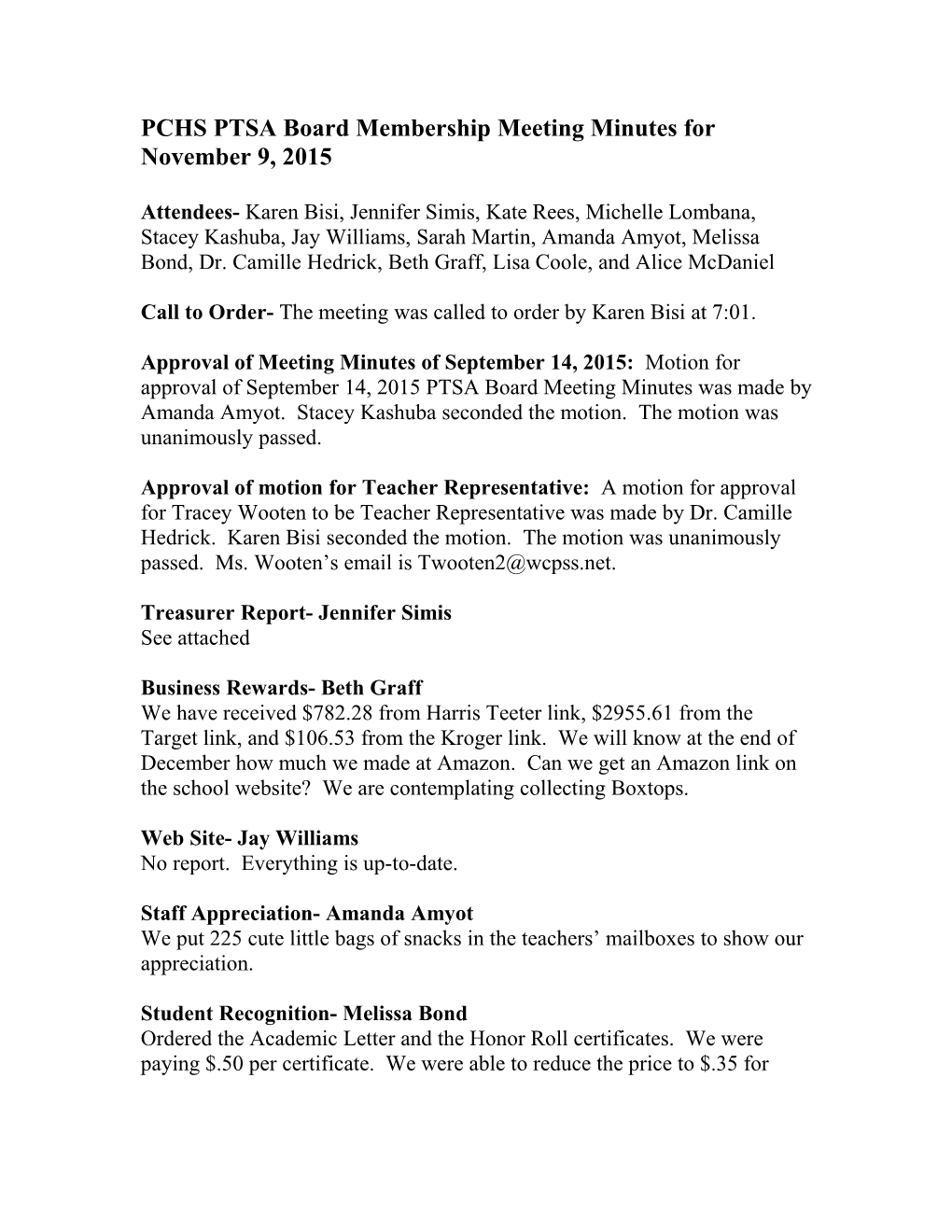 PCHS PTSA Board Membership Meeting Minutes for November 9, 2015