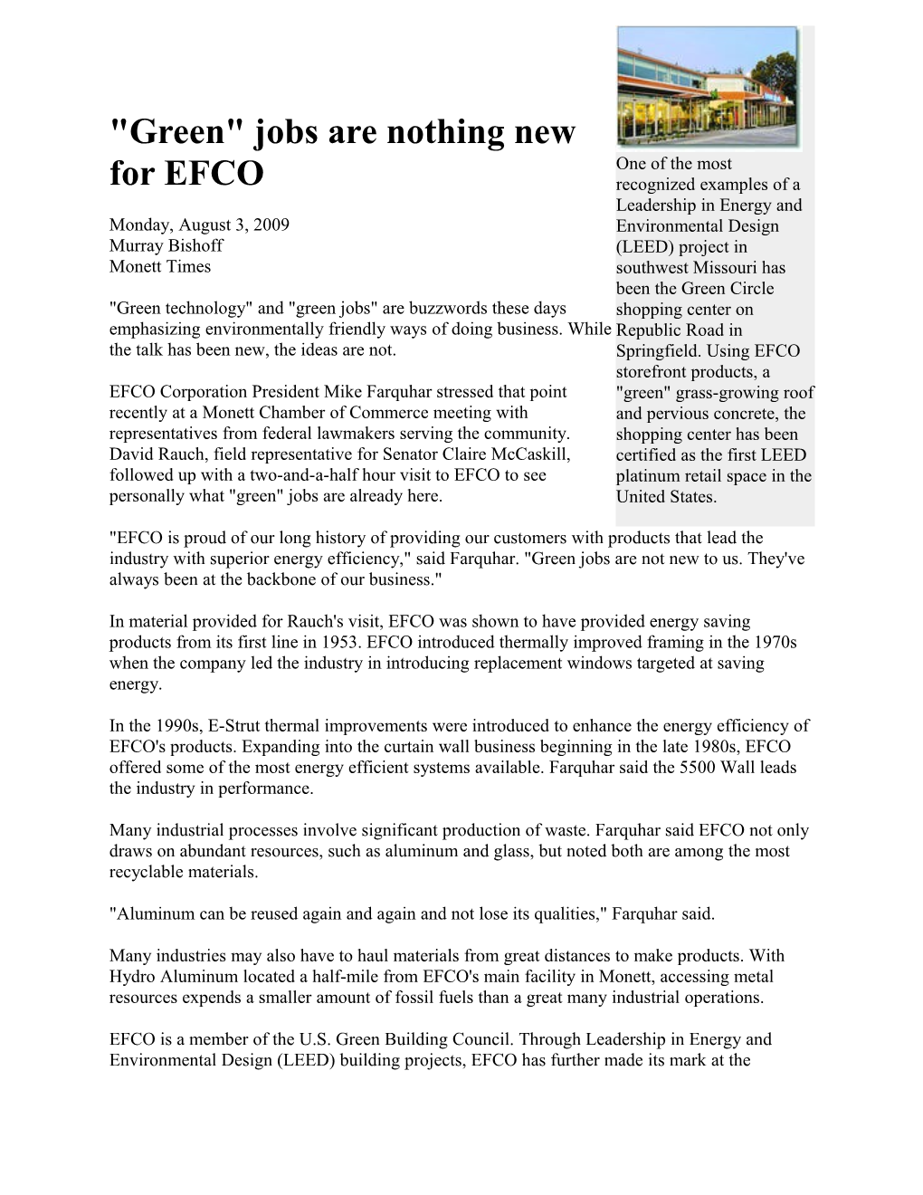 Green Jobs Are Nothing New for EFCO