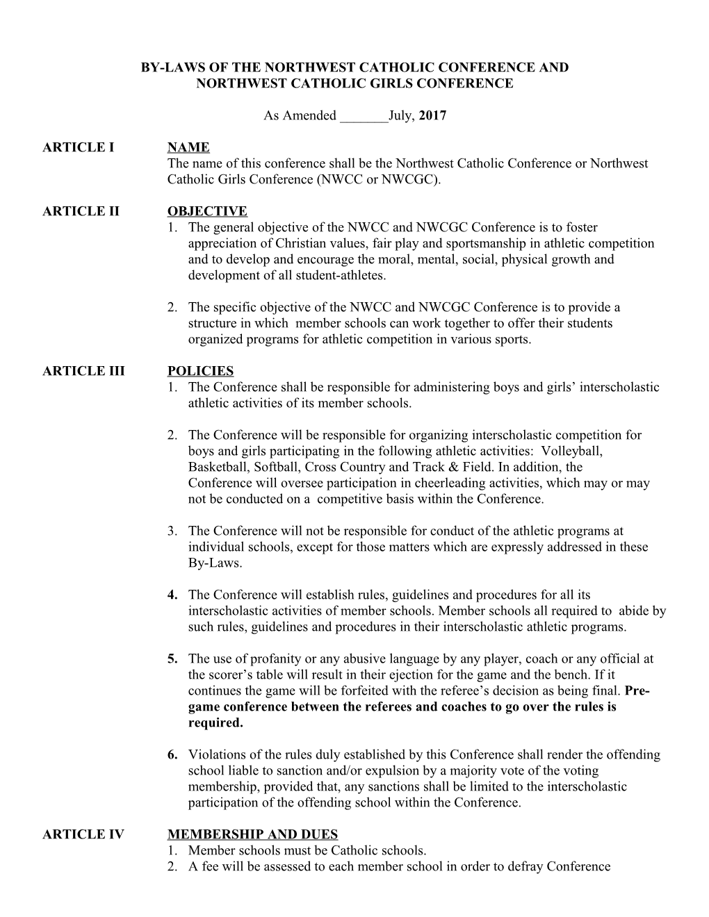 By-Laws of Northwest Catholic Girls Conference