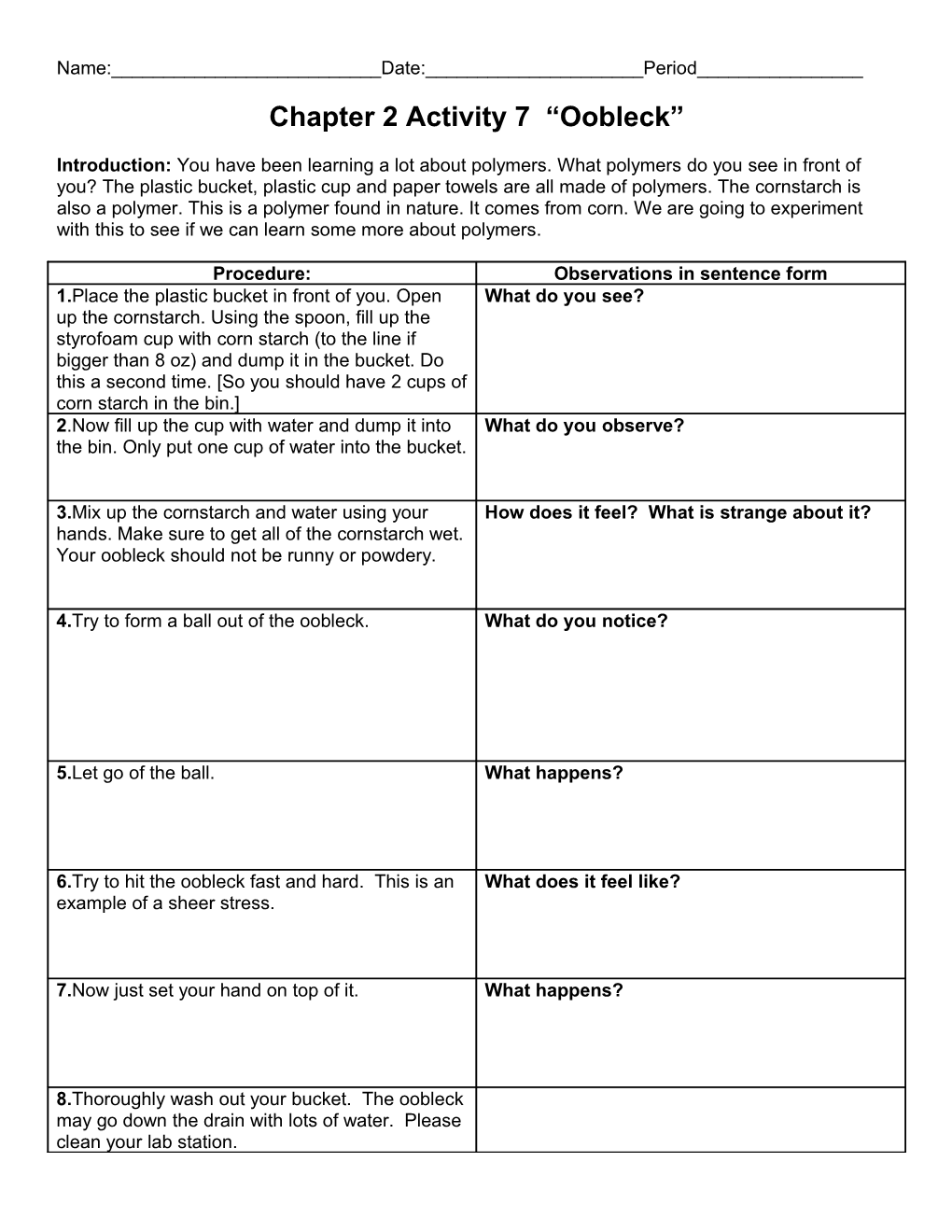 Chapter 2 Activity 7 Oobleck