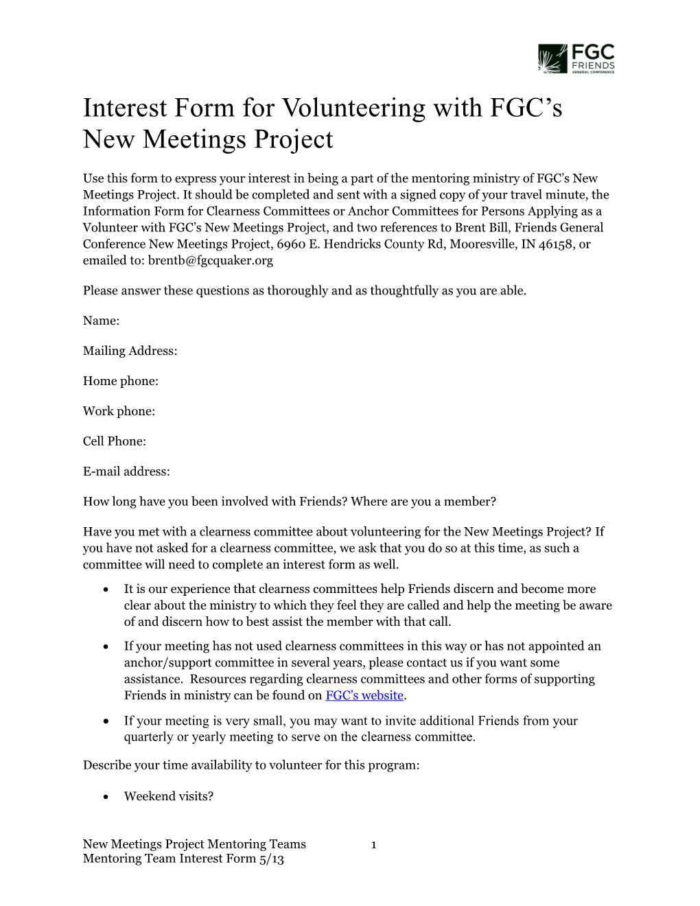 Interest Form for Volunteering with FGC S New Meetings Project