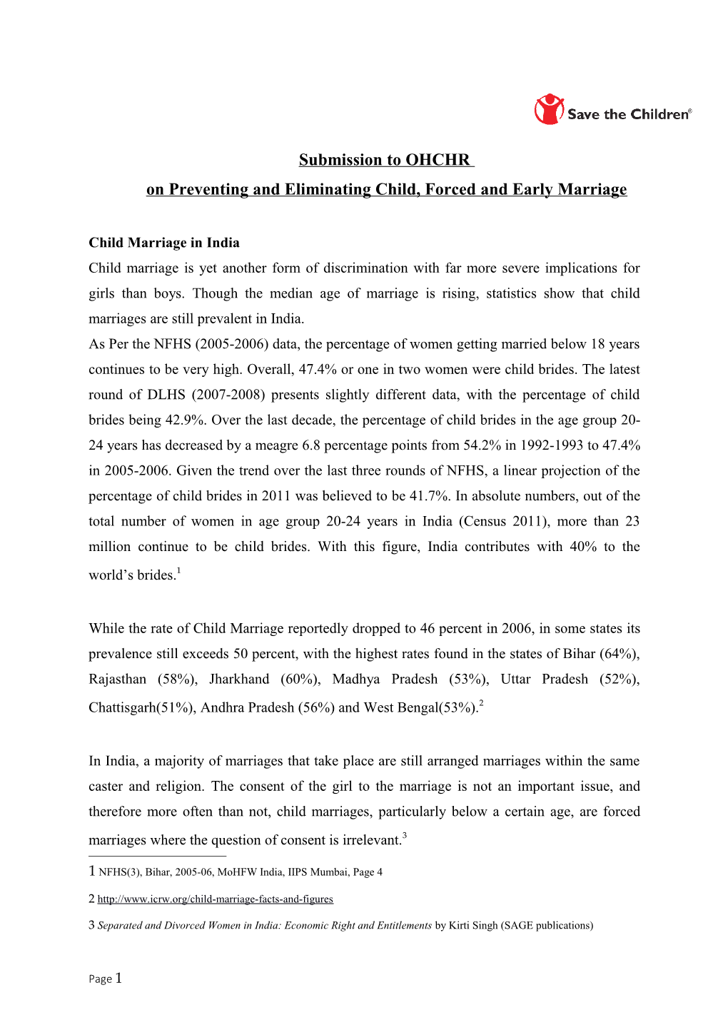 Submission to OHCHR on Preventing and Eliminating Child, Forced and Early Marriage