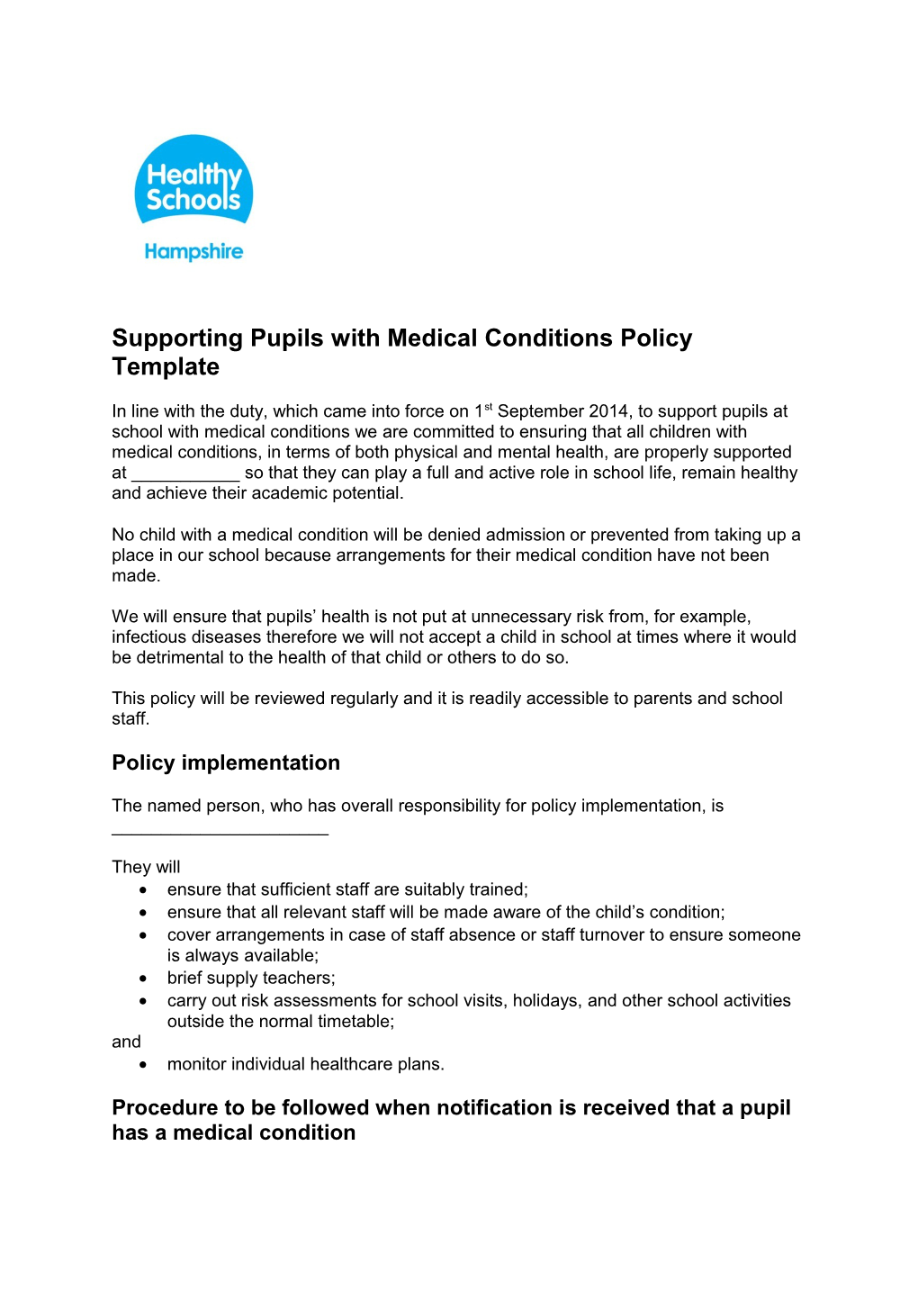 Supporting Pupils with Medical Conditions Policy Template