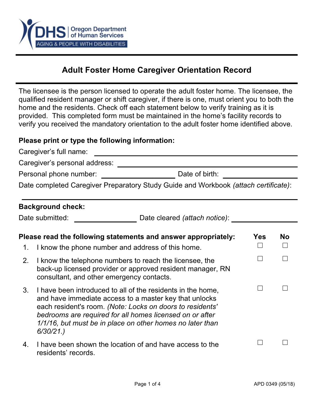 Adult Foster Home Substitute Caregiver Orientation Record