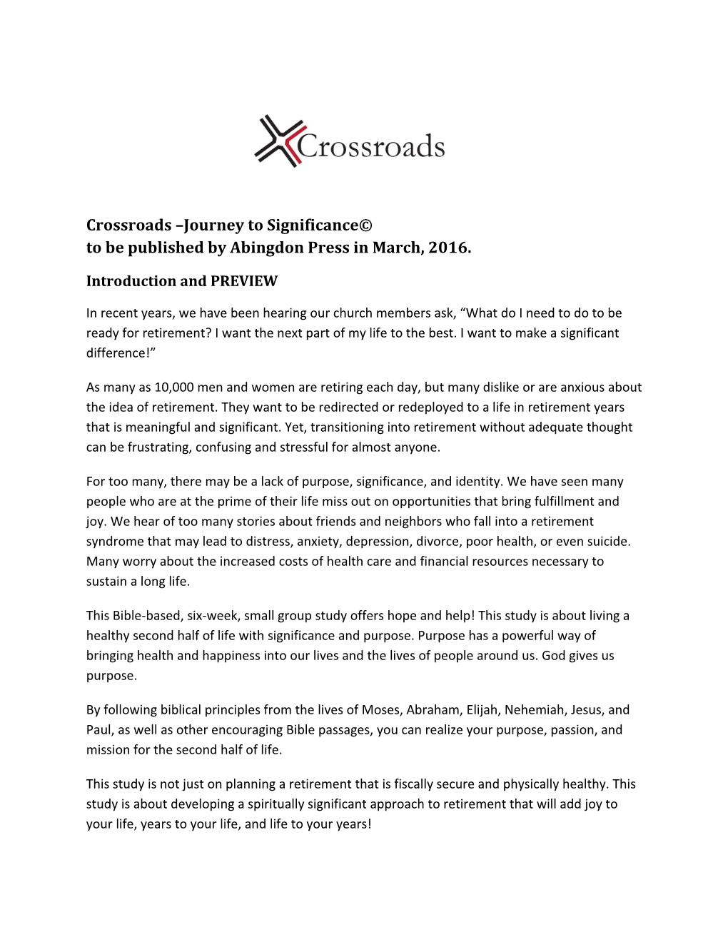 Crossroads Journey to Significance to Be Published by Abingdon Press in March, 2016
