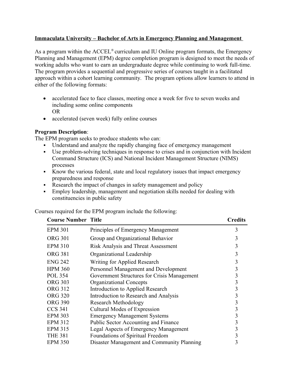 Immaculata University Bachelor of Arts in Emergency Planning and Management