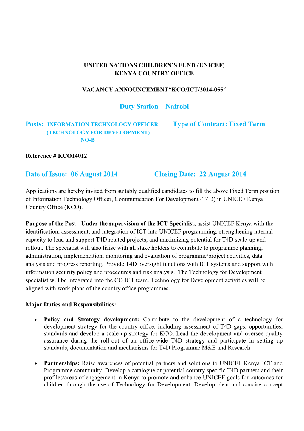 Vacancy Announcement Kco/Ict/2014-055