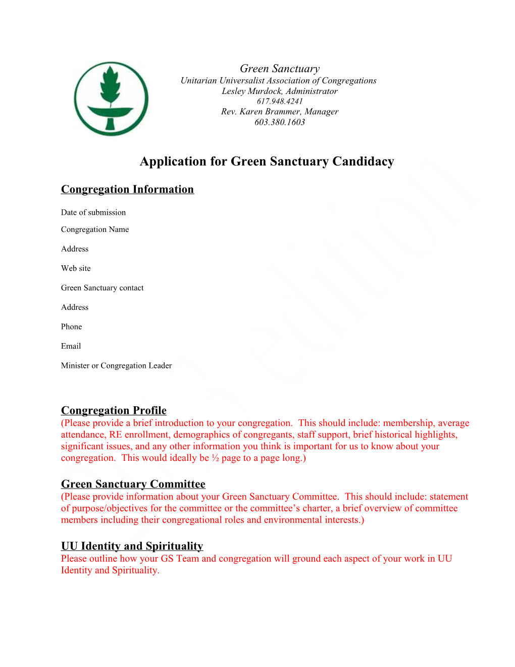 Application for Green Sanctuary Candidacy