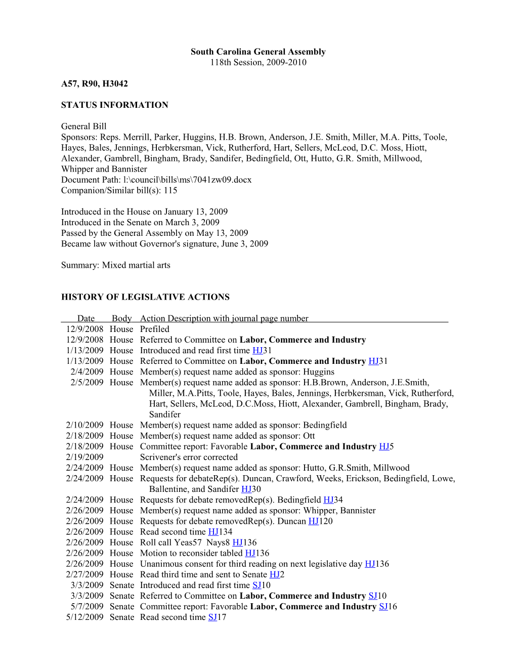 2009-2010 Bill 3042: Mixed Martial Arts - South Carolina Legislature Online