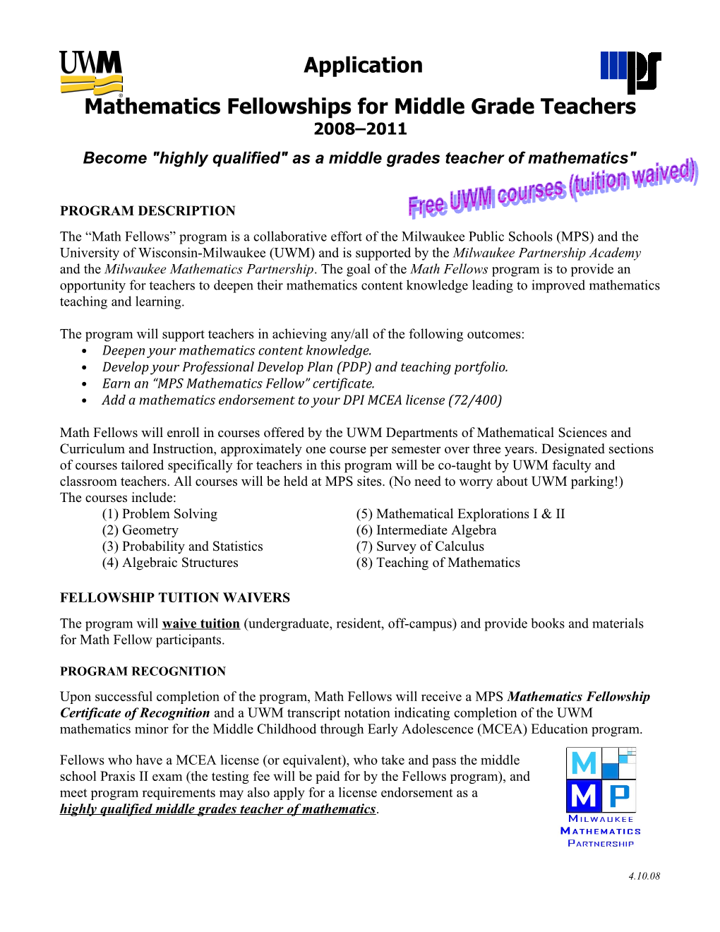 Mathematics Fellowships for Middle Grade Teachers