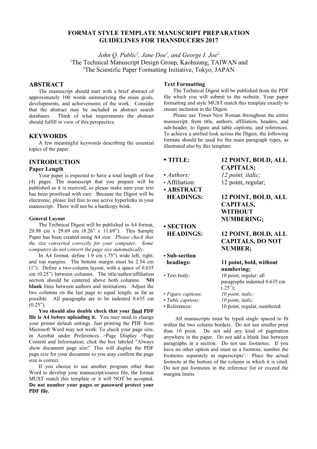 Format Style Template Manuscript Preparation Guidelines for Transducers 2017