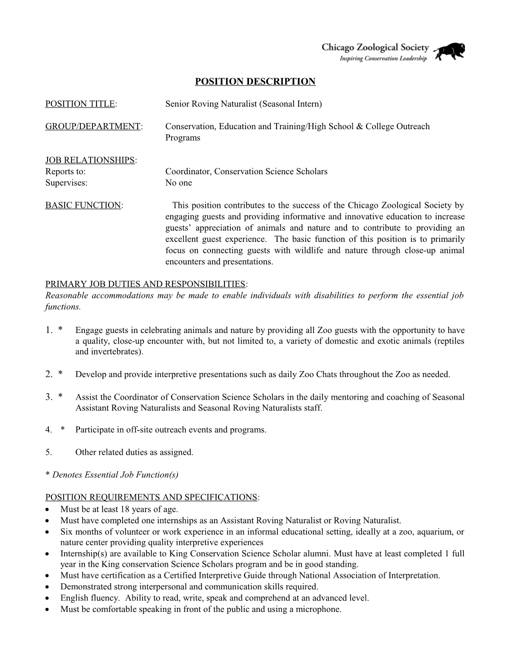 POSITION TITLE: Senior Roving Naturalist (Seasonal Intern)