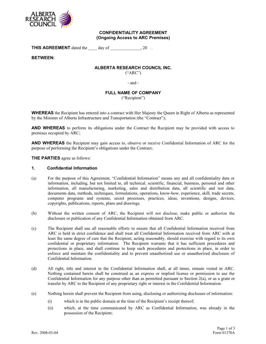 01370A - ARC Confidentiality Agreement