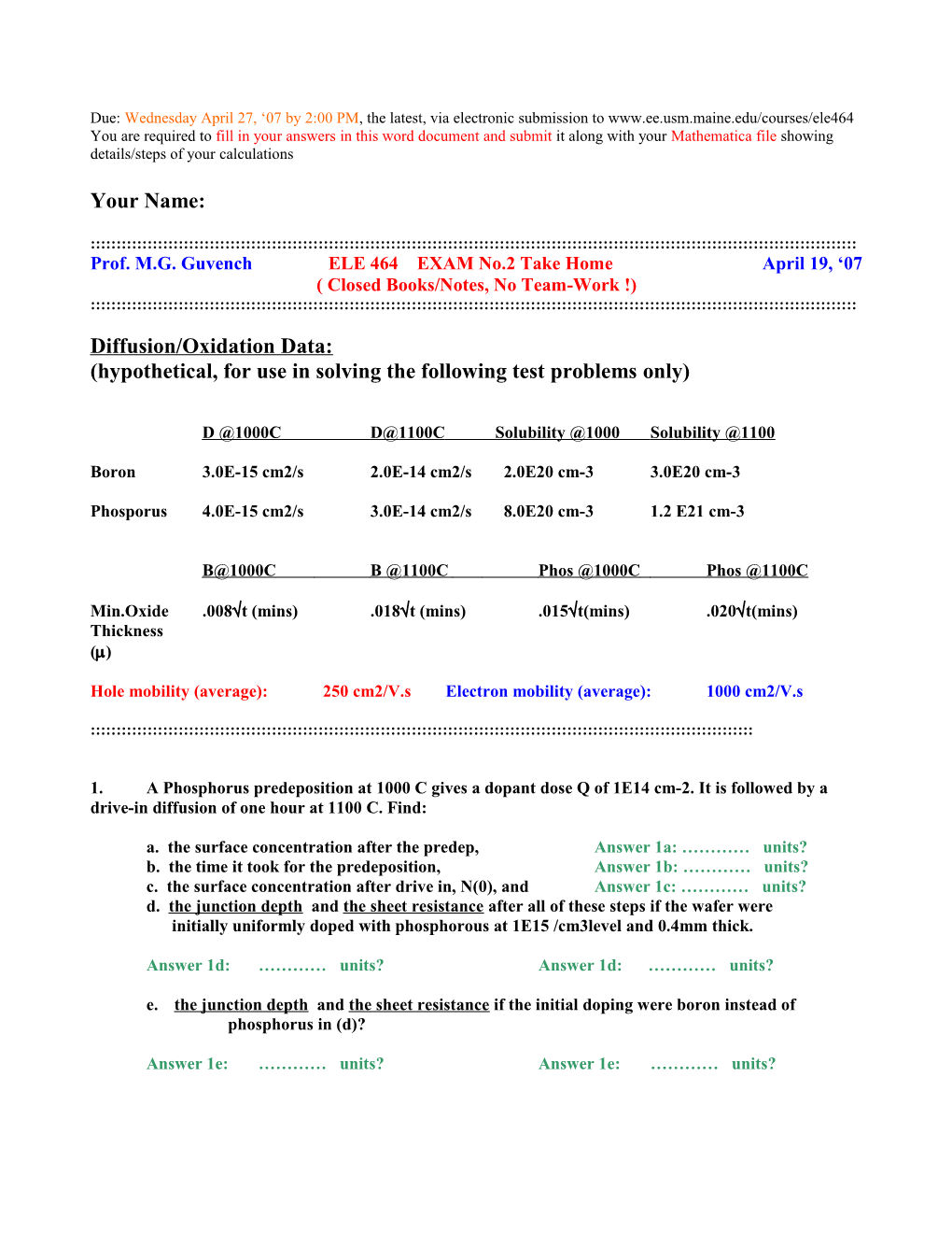 This Is a Collection of Quiz/Test Questions/Problems Given in the Past in ELE464