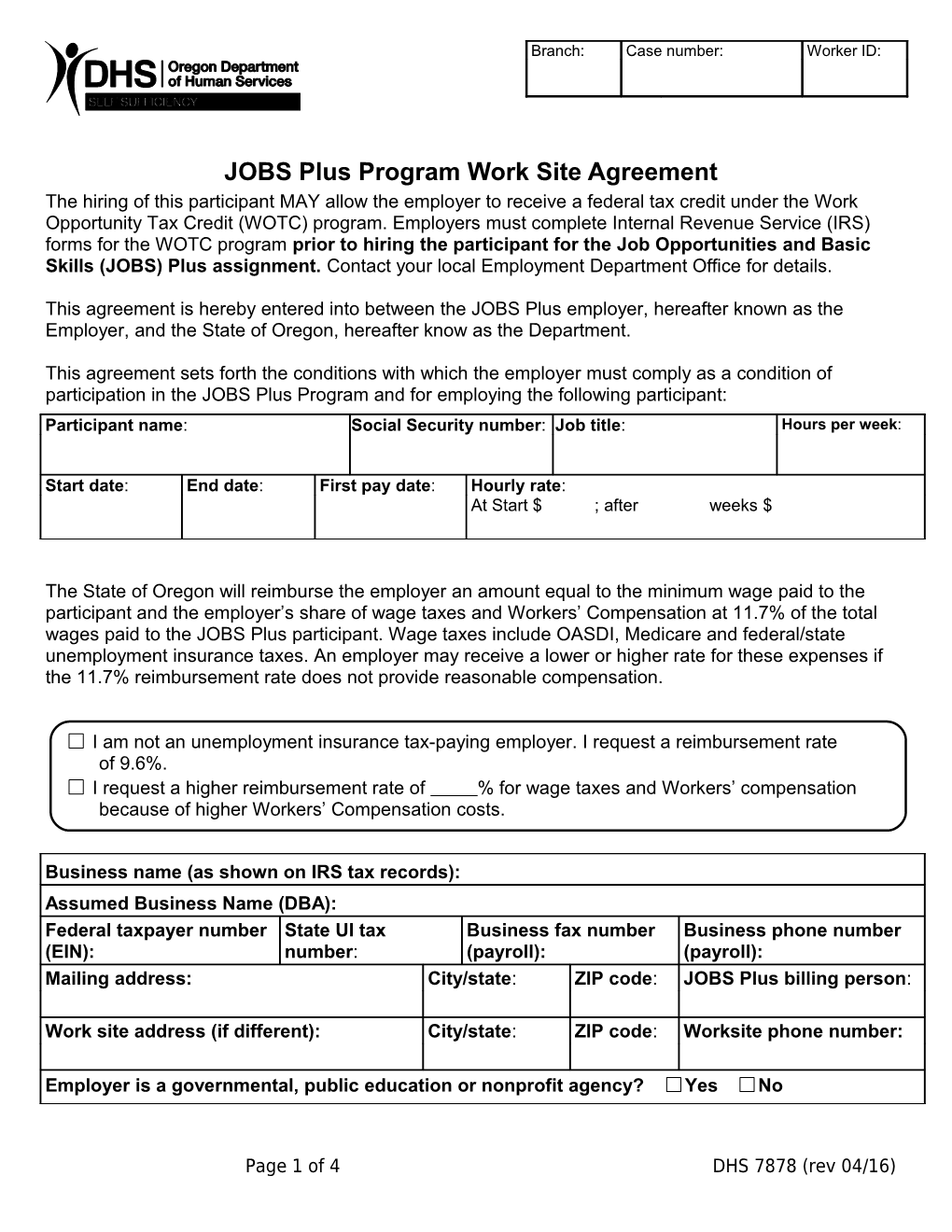 JOBS Plus Program Work Site Agreement