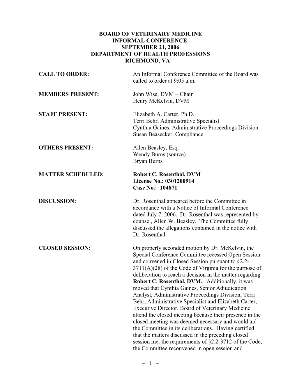 Board of Veterinary Medicine Minutes 9-21-06