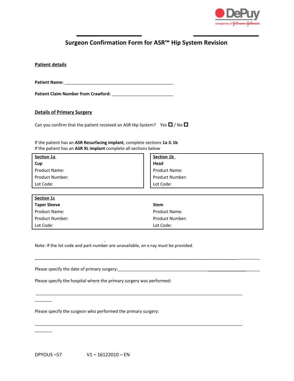 Surgeon Confirmation Form for ASR Hip System Revision