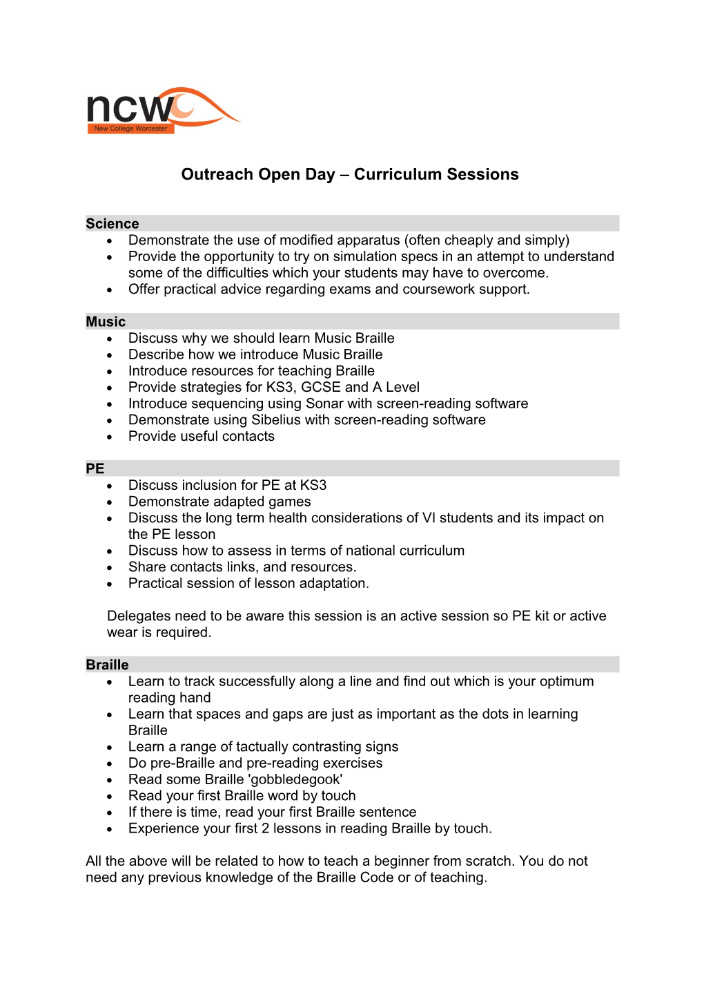 Outreach Open Day Curriculum Sessions