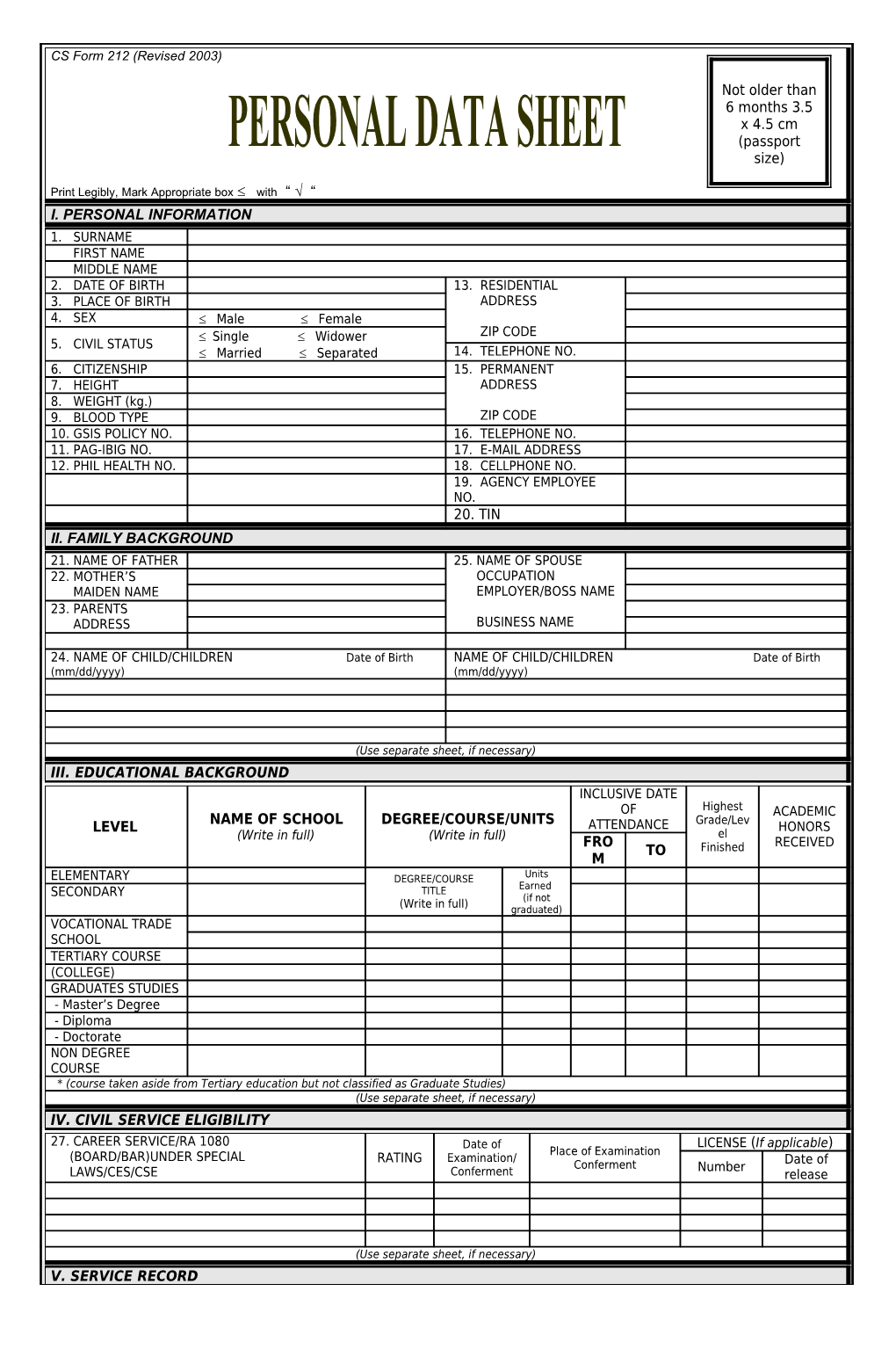CS Form 212 (Revised 2003)