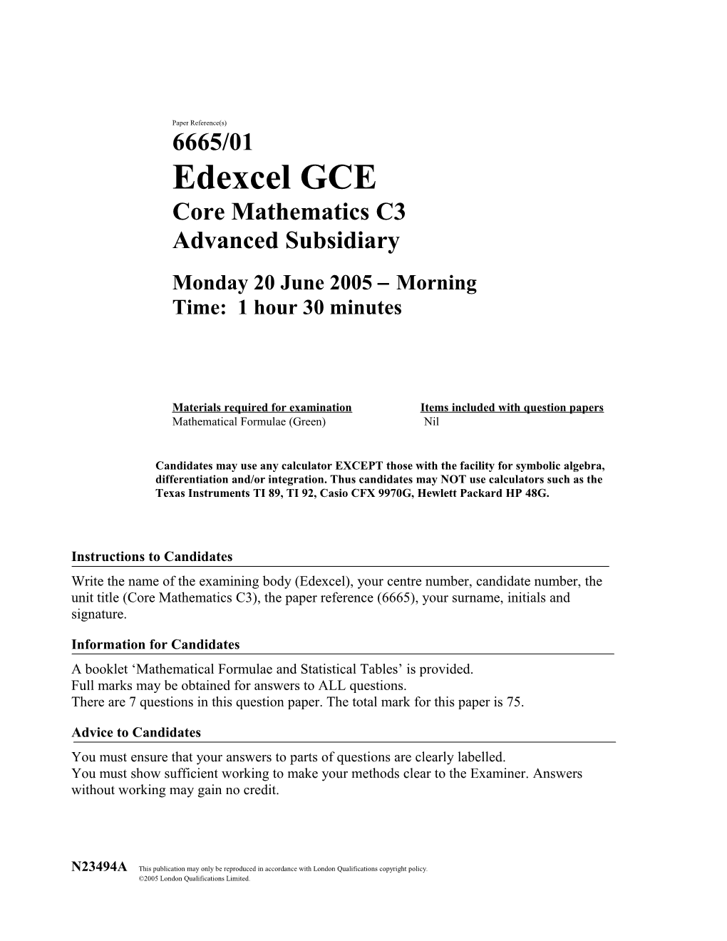 June 2005 - 6665 Core C3 - Question Paper