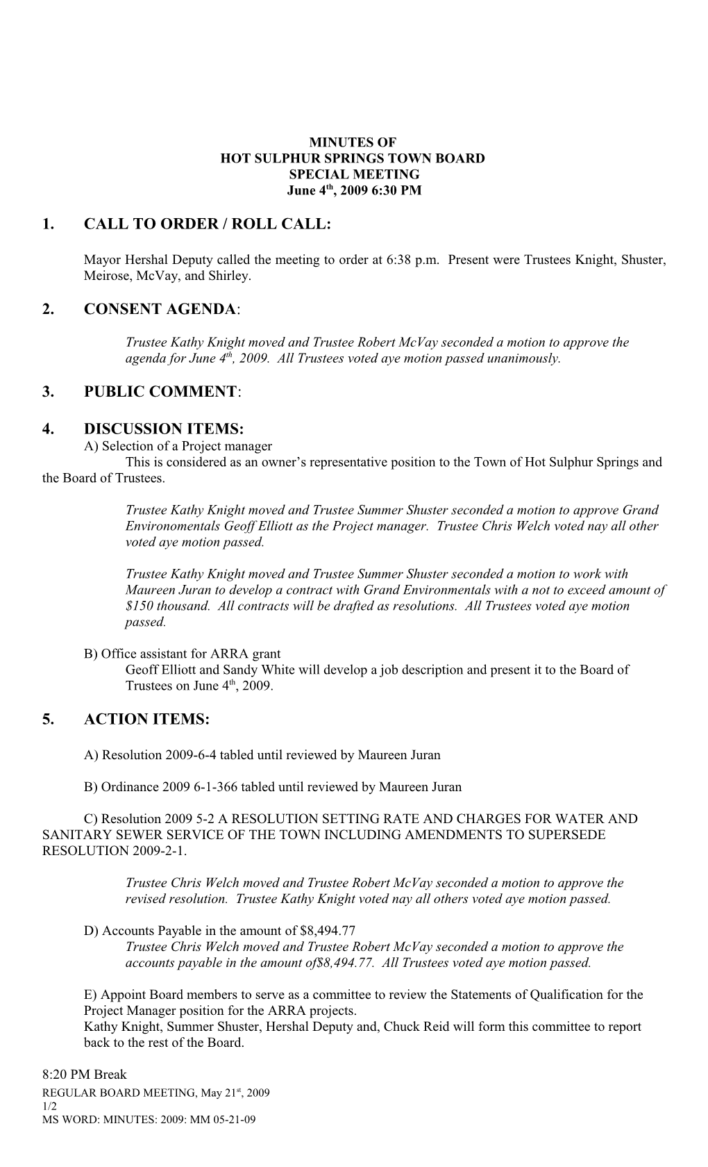 Minutes of a Hot Sulphur Springs Town Board Regular Meeting, Ju