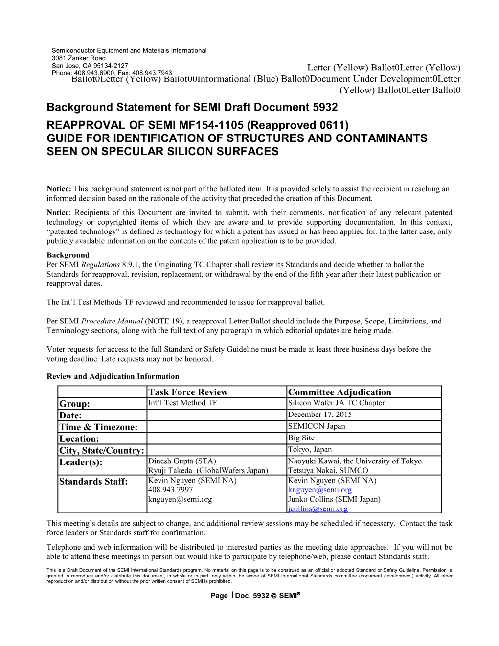 Background Statement for SEMI Draft Document 5932