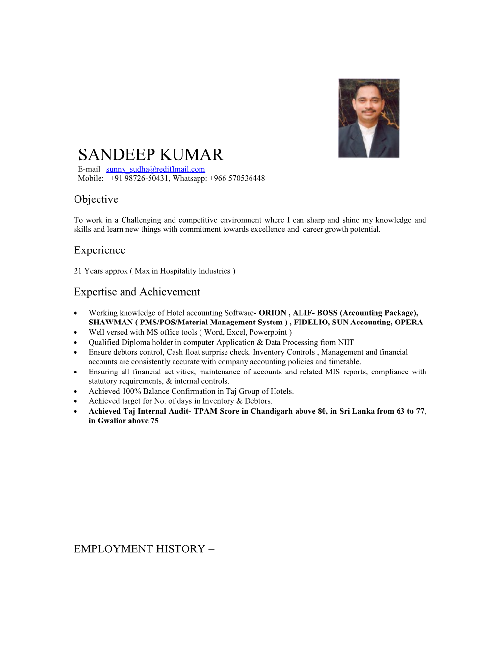 Resume of Sandeep Kumar