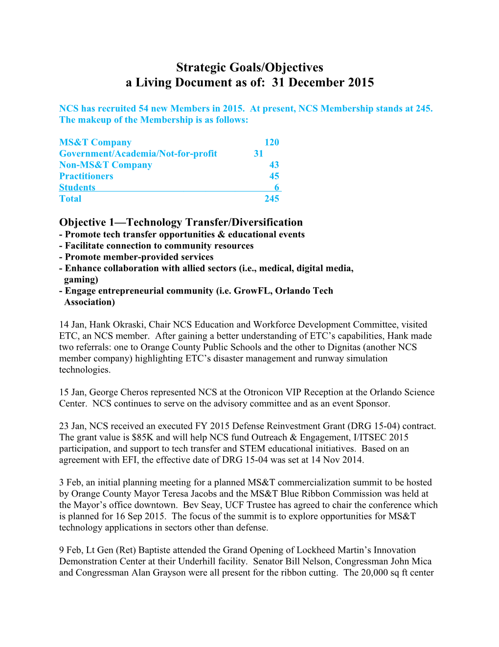 Strategic Goals/Objectives a Living Document As Of: 31 December 2015