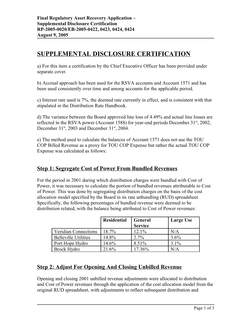 Supplemental Disclosure Certification