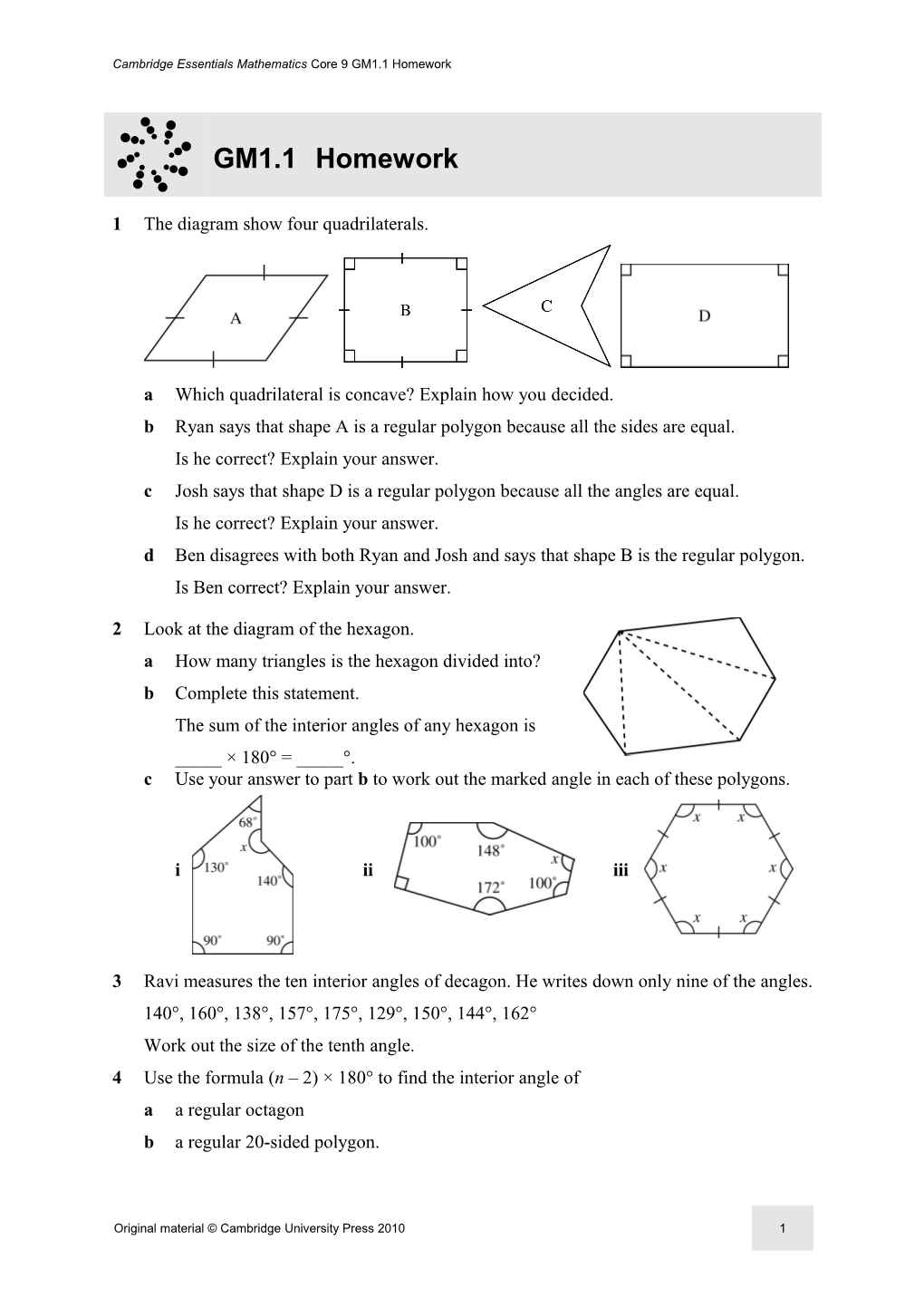 Cambridge Essentials Mathematics Core 9 GM1.1 Homework