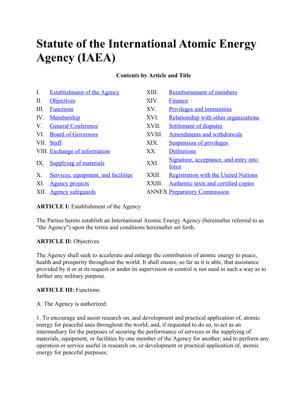 Statute of the International Atomic Energy Agency (IAEA)