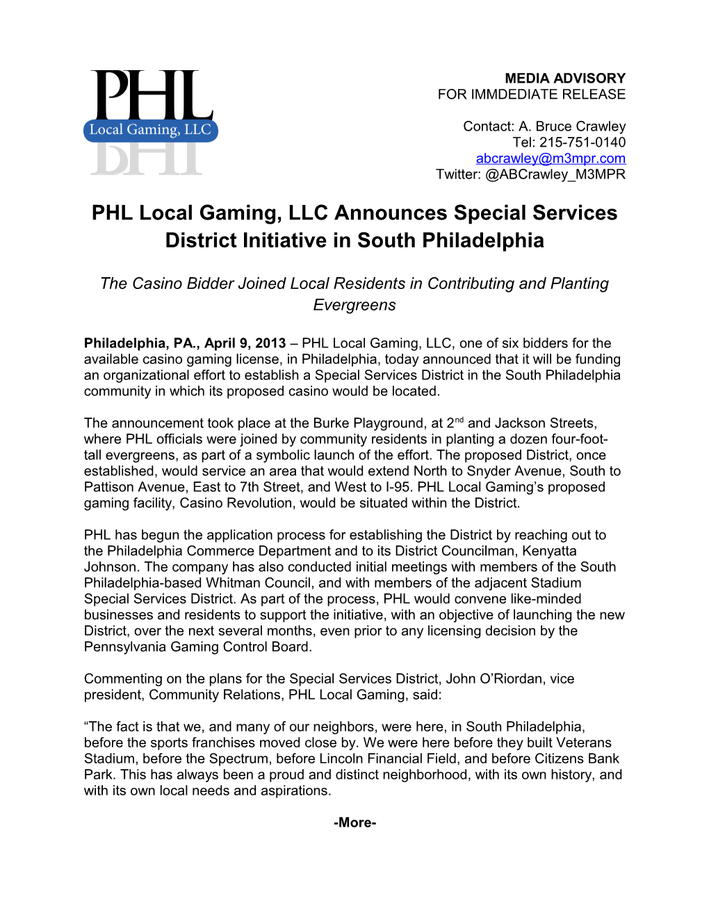 PHL Local Gaming, LLC Announces Special Services District Initiative in South Philadelphia