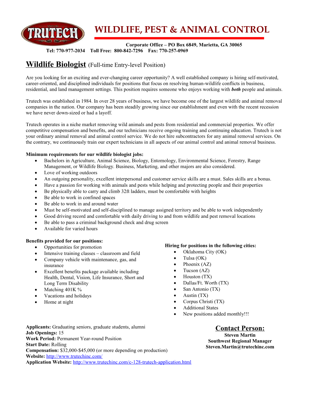 Wildlife Biologist(Full-Time Entry-Level Position)