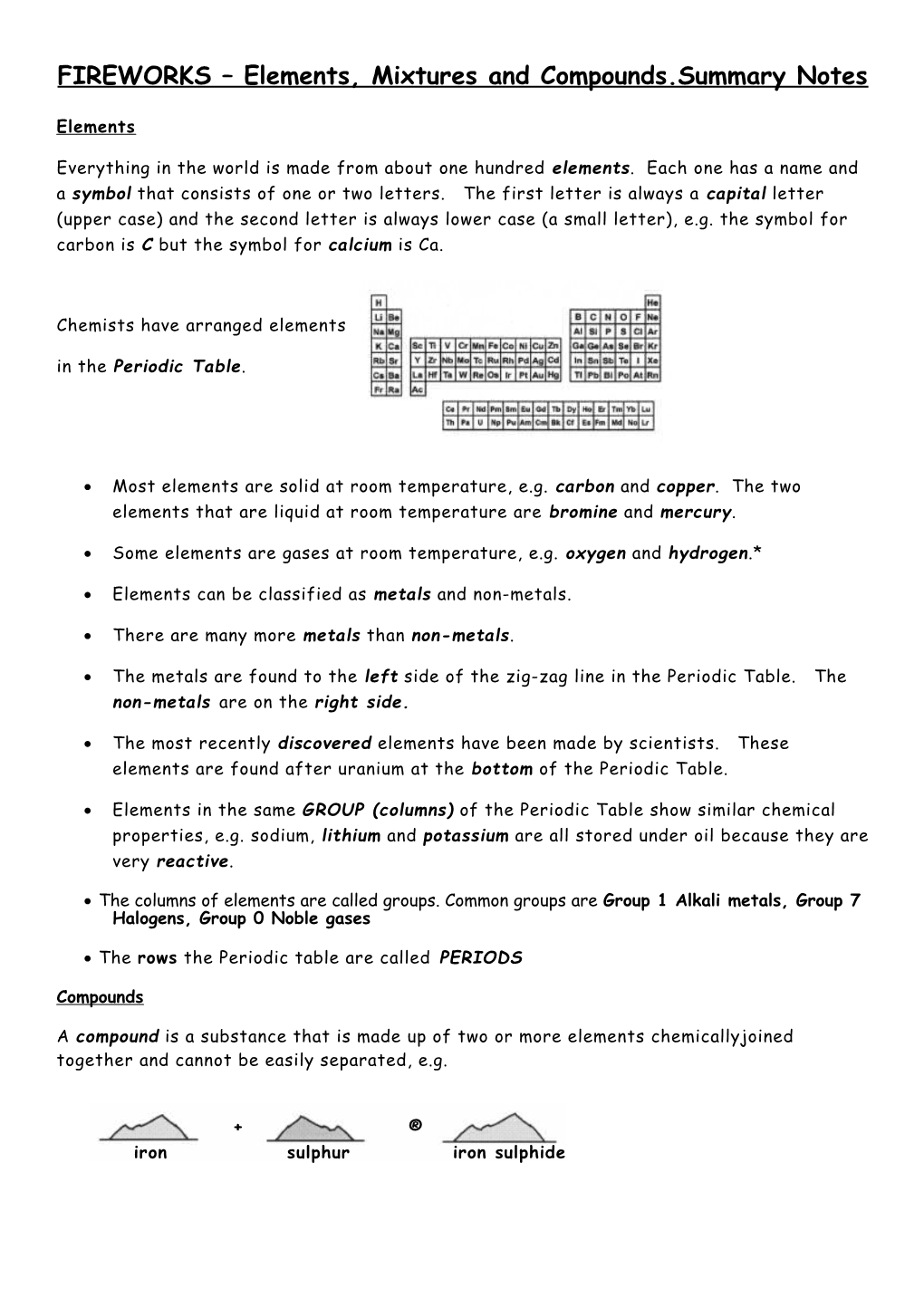 FIREWORKS Elements, Mixtures and Compounds.Summary Notes