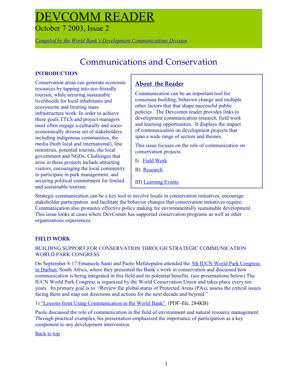 Devcomm Reader, Communication for Conservation