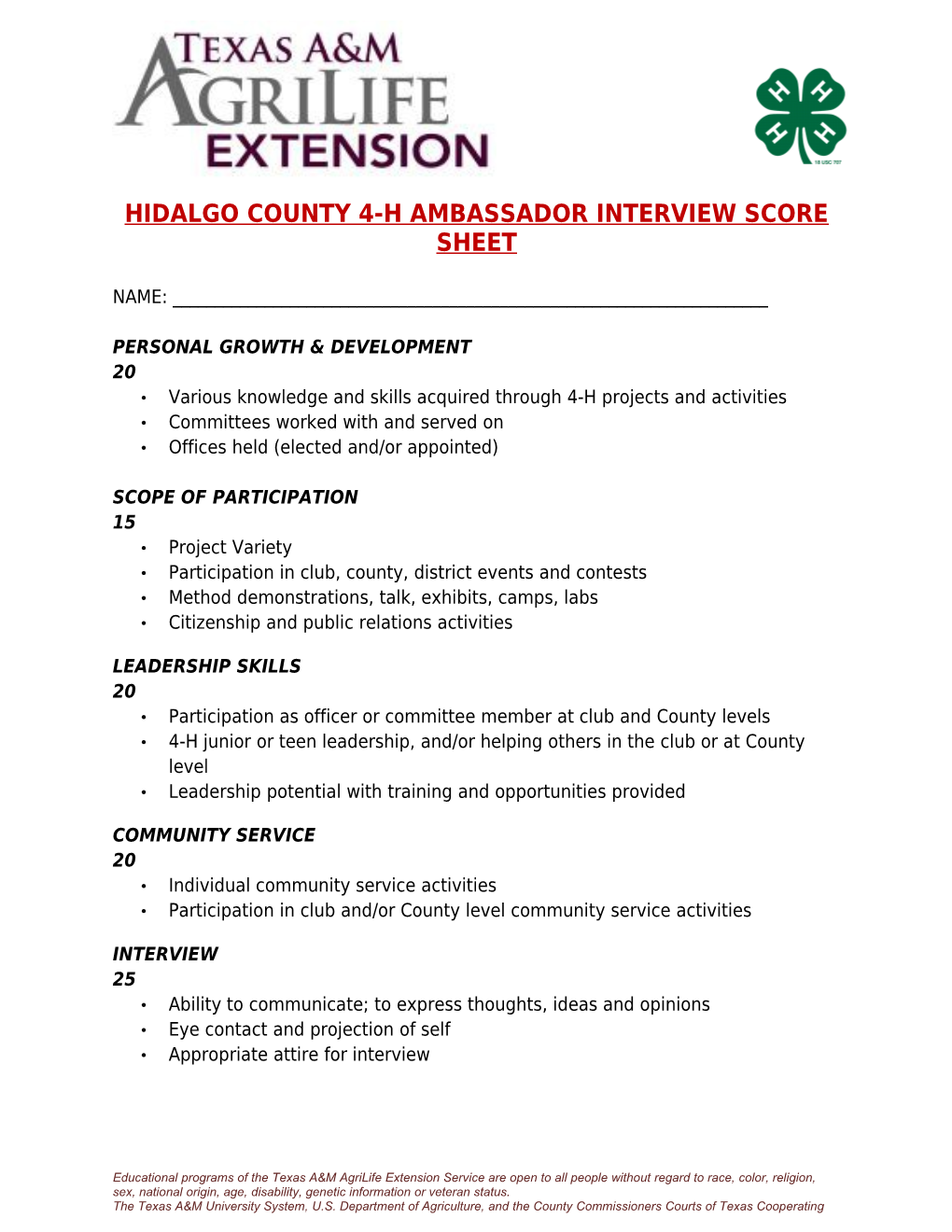 Hidalgo County 4-H Ambassador Interview Score Sheet