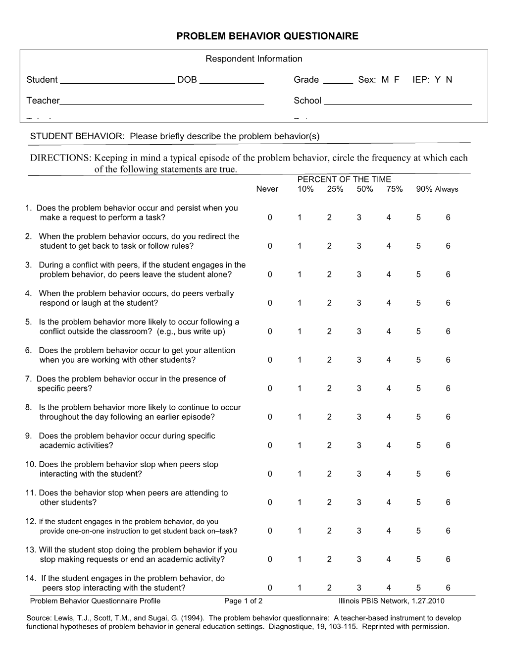 Problem Behavior Questionaire