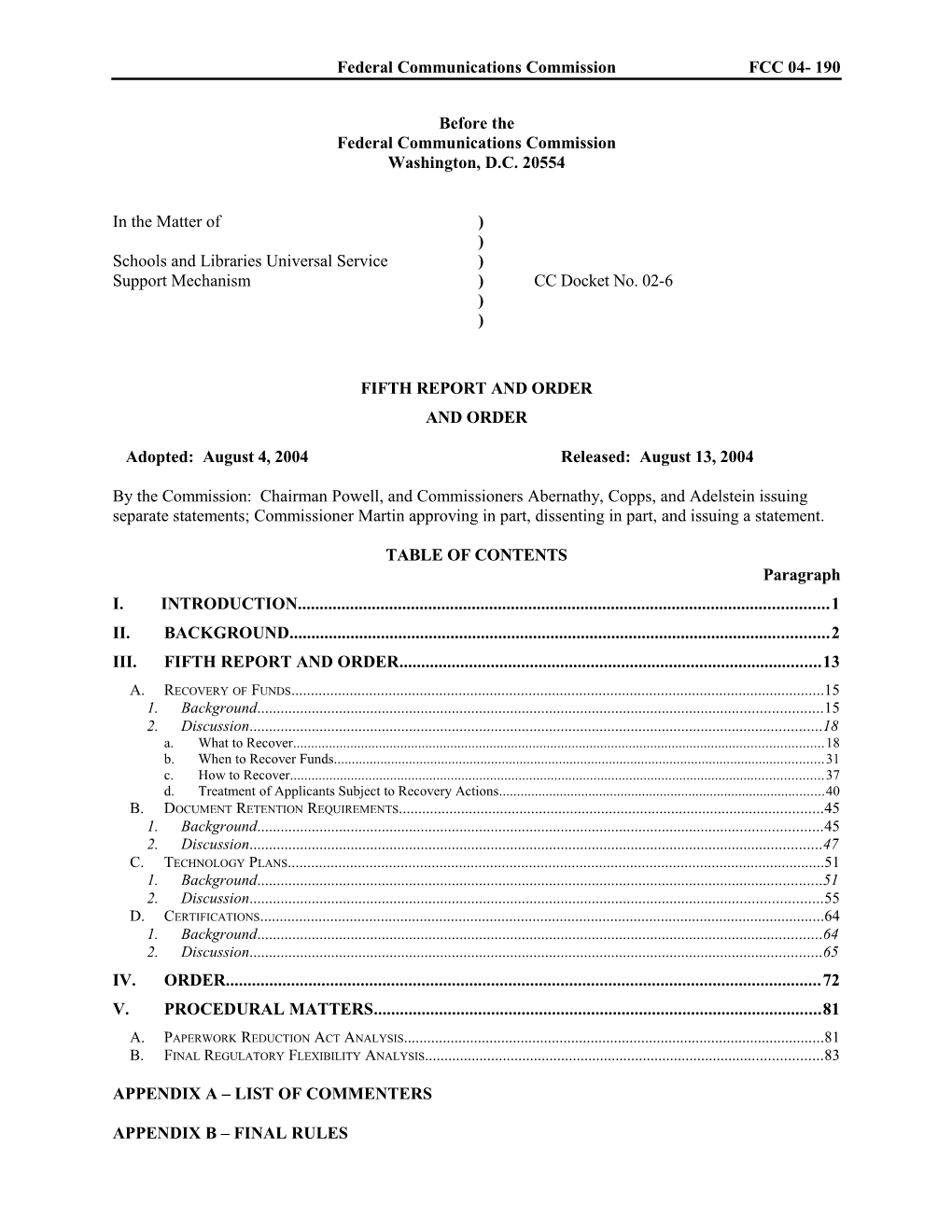 Federal Communications Commissionfcc 04-190