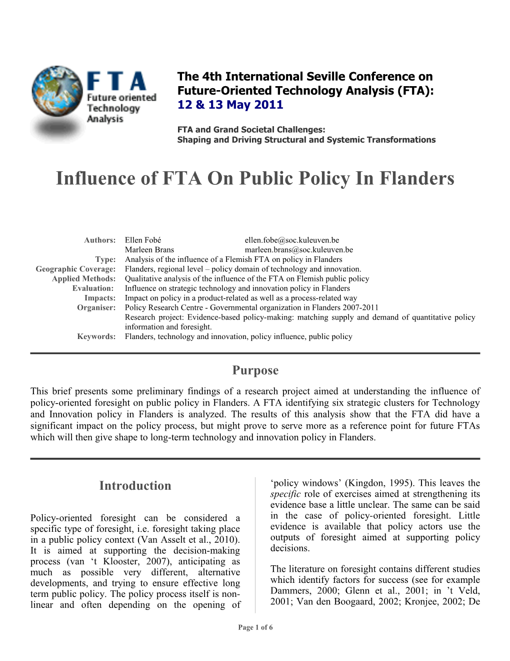 Influence of FTA on Public Policy in Flanders