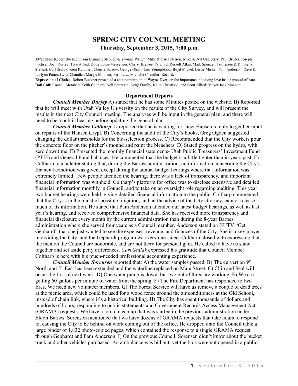 SPRING CITY COUNCIL MEETING Thursday, September 3, 2015, 7:00 P.M