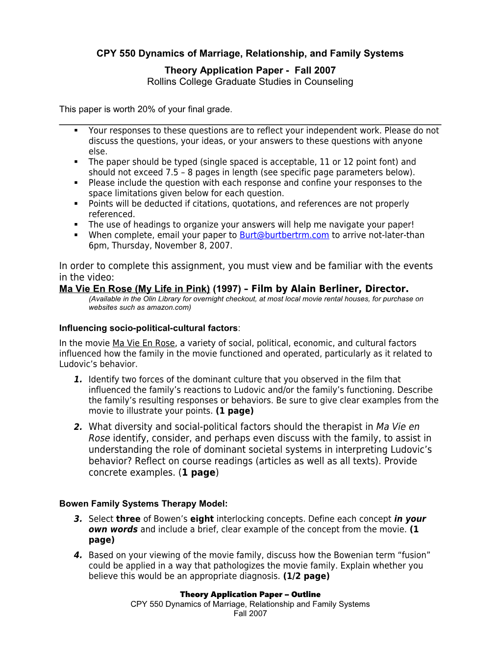 CPY 550 Dynamics of Marriage, Relationship, and Family Systems