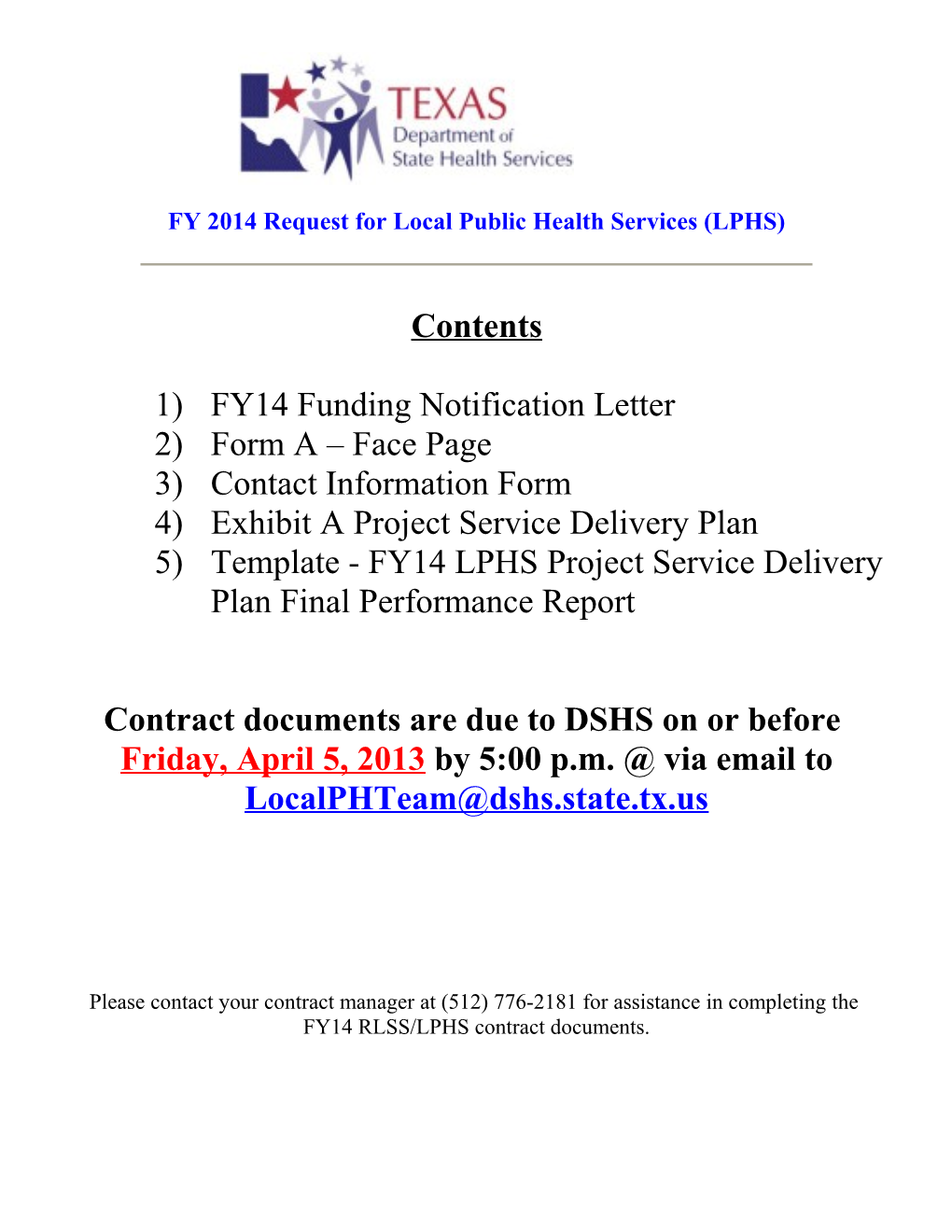 FY 2014 Request for Local Public Health Services (LPHS)