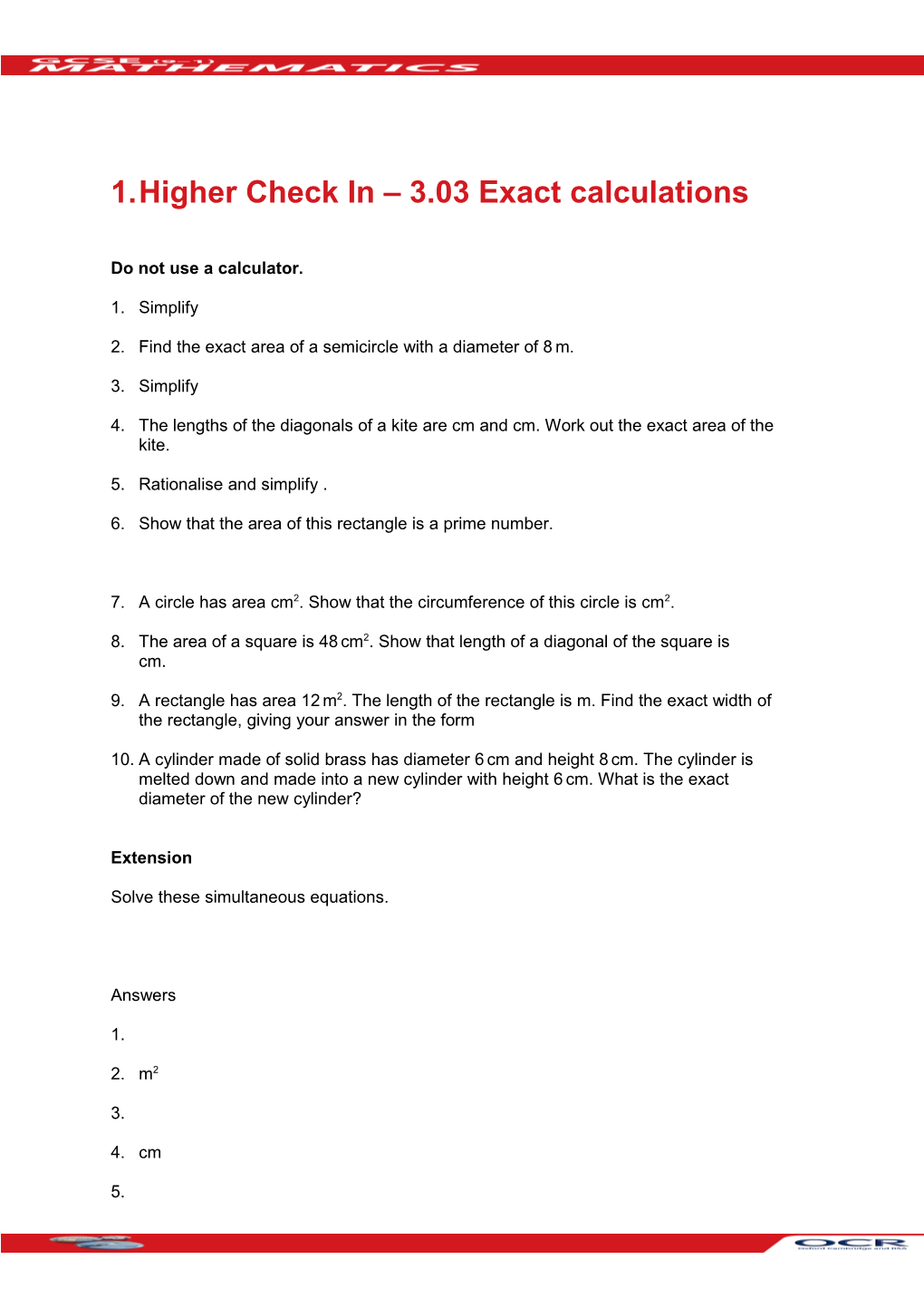 GCSE (9-1) Mathematics Higher Check in 3.03 Exact Calculations