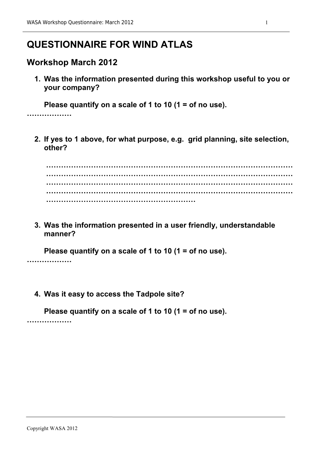 Questionnaire for Wind Atlas