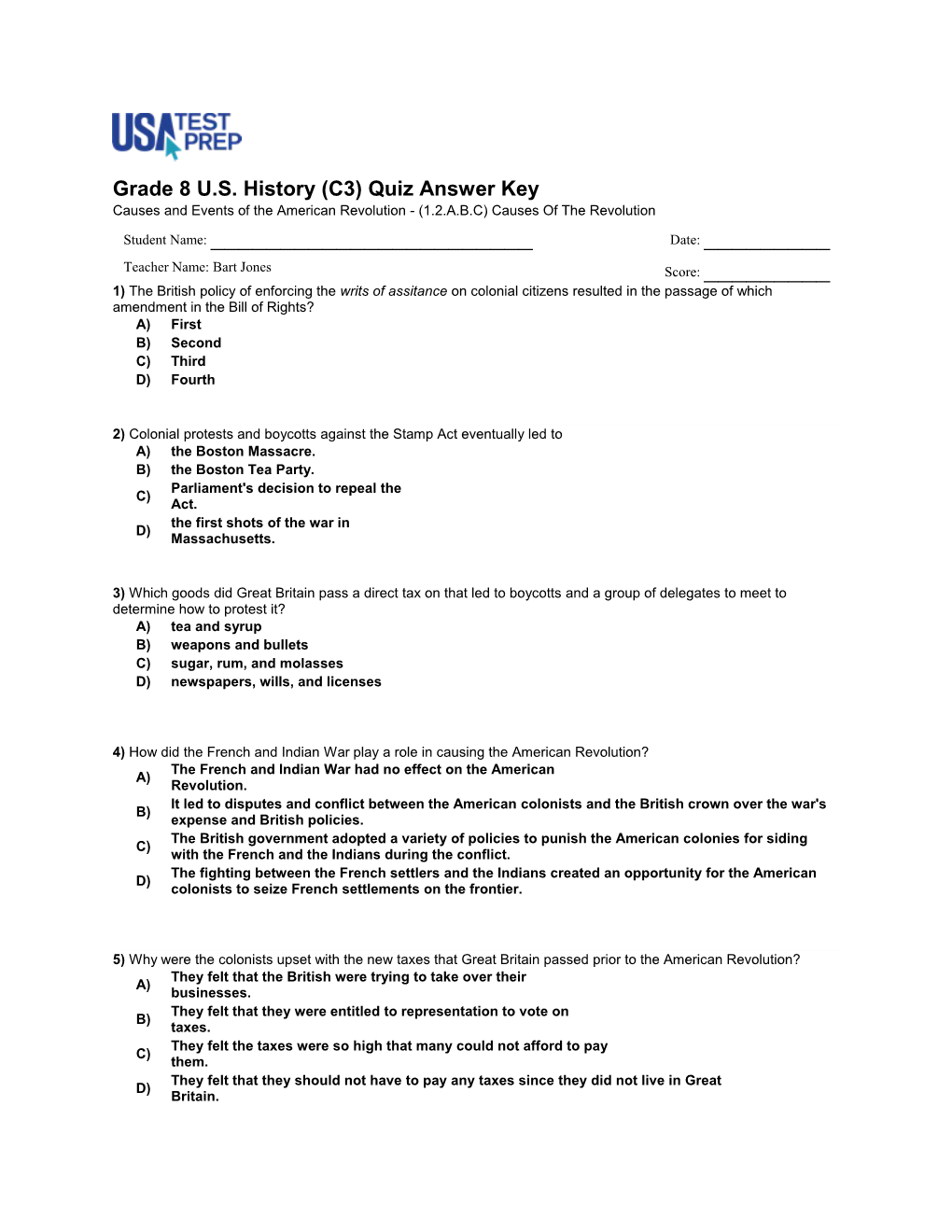 Grade 8 U.S. History (C3) Quiz Answer Key