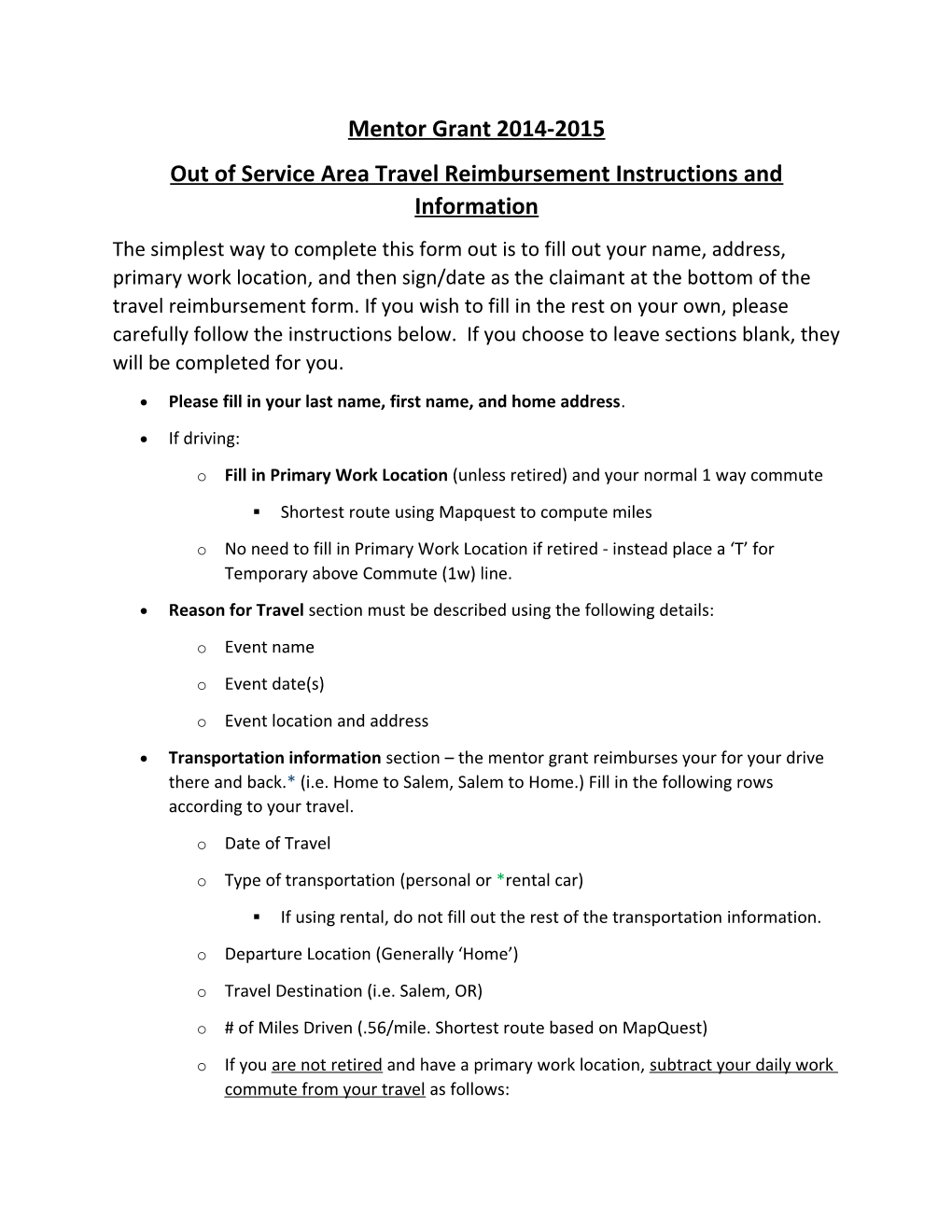 Out of Service Area Travel Reimbursement Instructions and Information