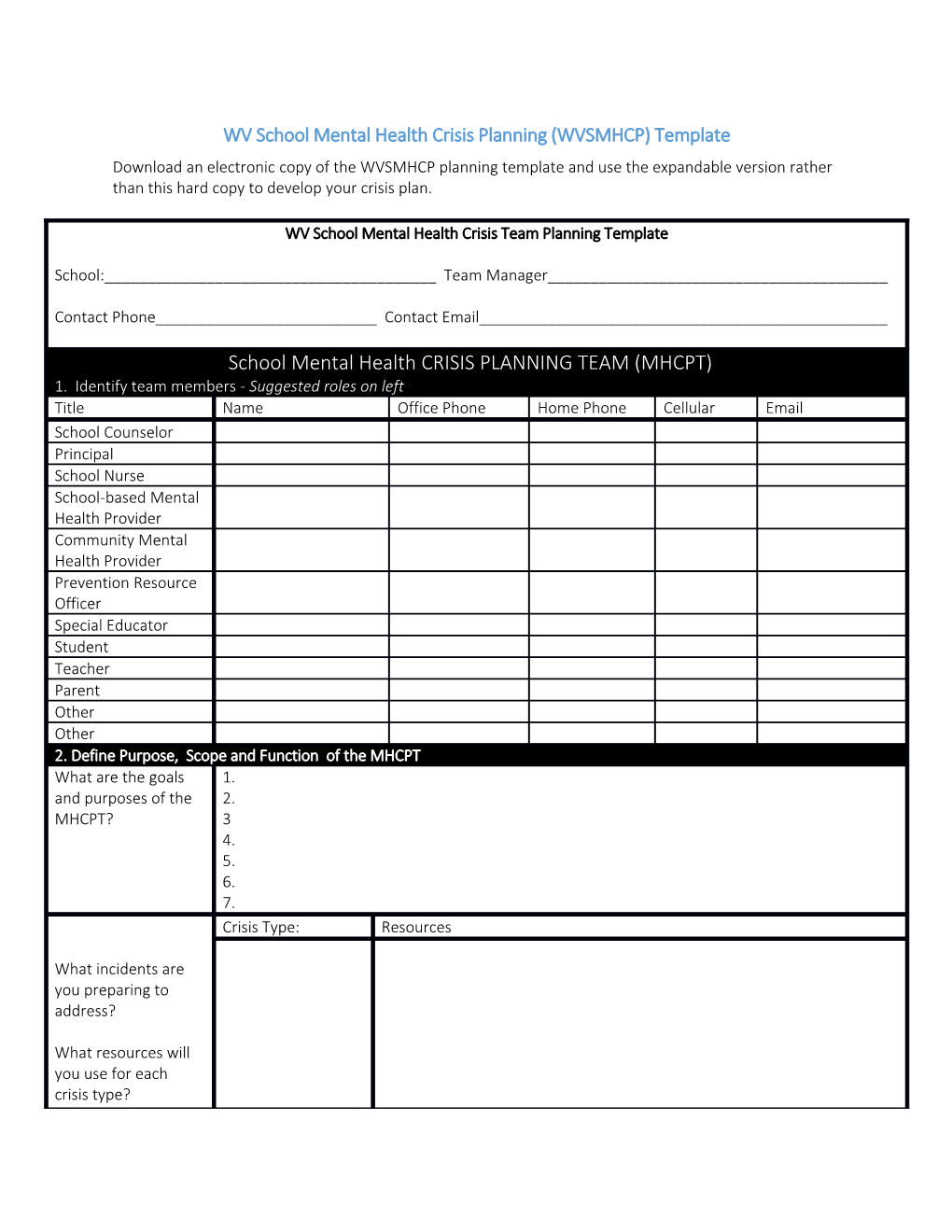 WV School Mental Health Crisis Planning (WVSMHCP) Template