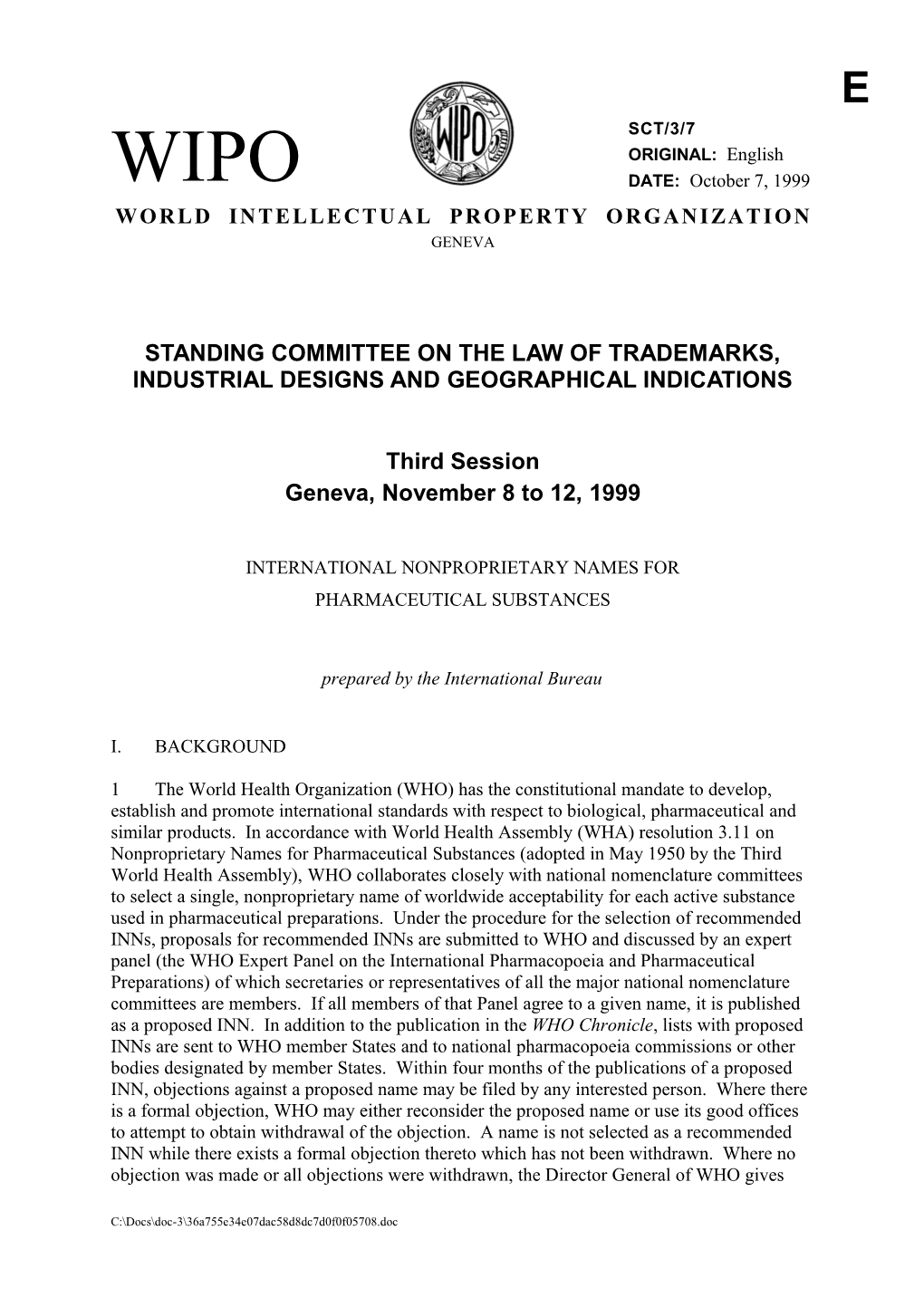 SCT/3/7: International Nonproprietary Names for Pharmaceutical Substances