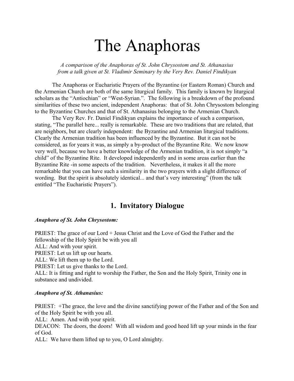 A Comparison of the Anaphoras of St. John Chrysostom and St. Athanasius