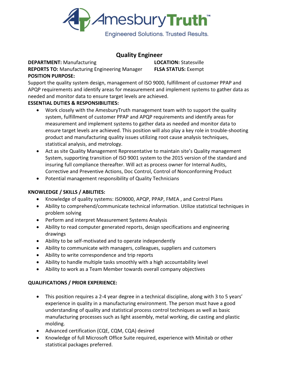 Potential Management Responsibility of Quality Technicians